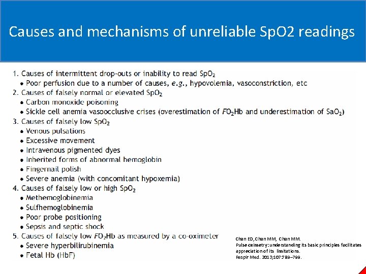 Causes and mechanisms of unreliable Sp. O 2 readings Chan ED, Chan MM. Pulse