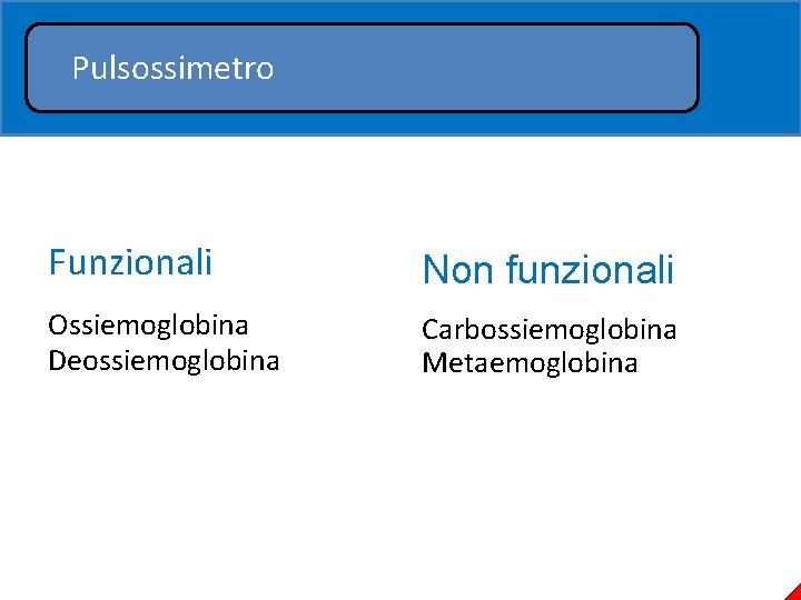 Pulsossimetro Funzionali Non funzionali Ossiemoglobina Deossiemoglobina Carbossiemoglobina Metaemoglobina 