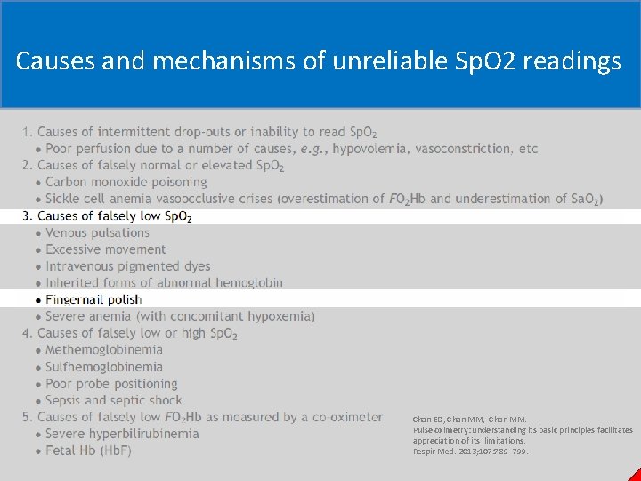 Causes and mechanisms of unreliable Sp. O 2 readings Chan ED, Chan MM. Pulse