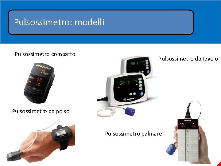 Pulsossimetro: modelli Pulsossimetro compatto Pulsossimetro da tavolo Pulsossimetro da polso Pulsossimetro palmare 