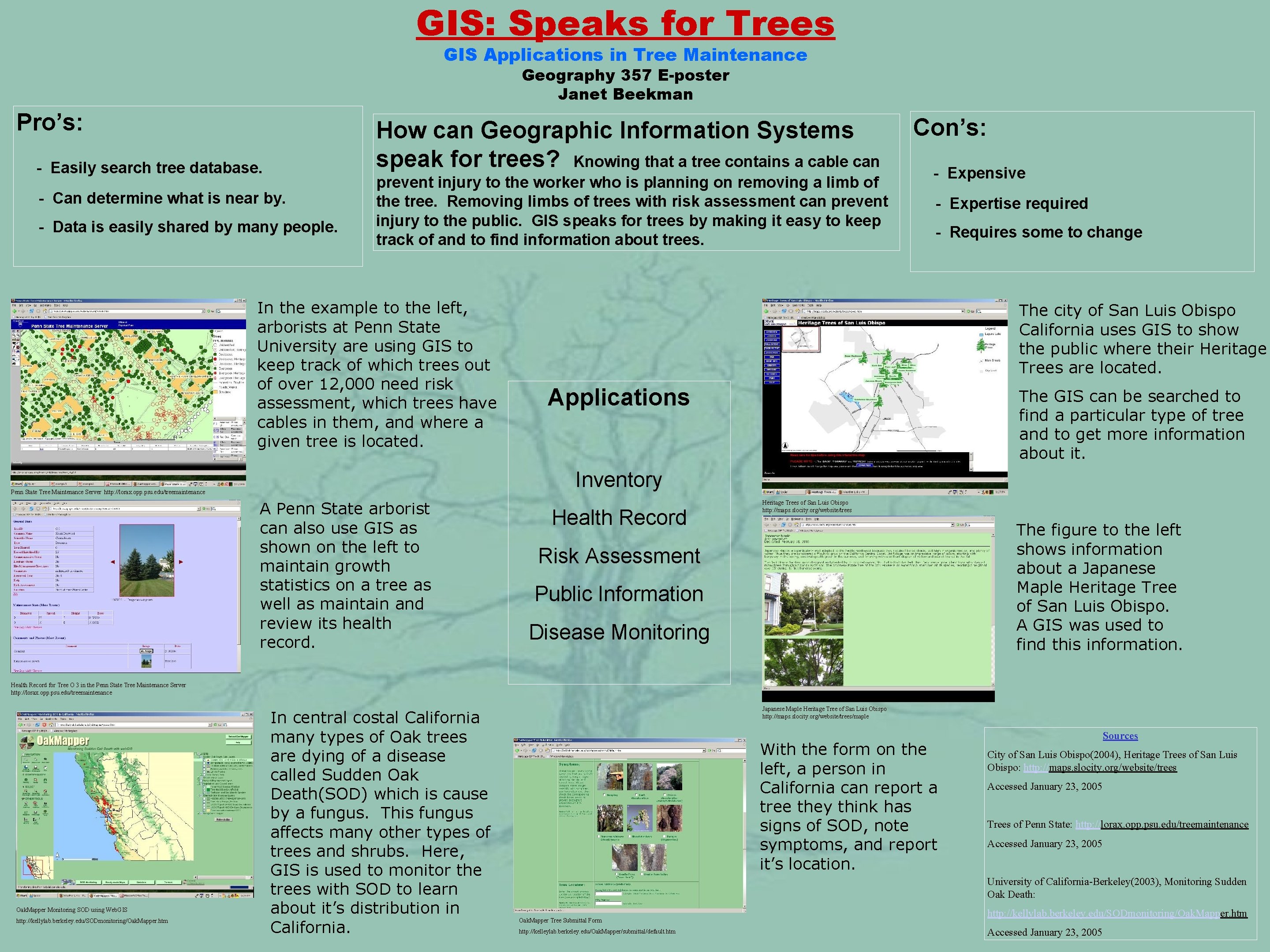 GIS: Speaks for Trees GIS Applications in Tree Maintenance Geography 357 E-poster Janet Beekman