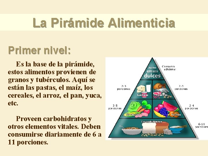 La Pirámide Alimenticia Primer nivel: Es la base de la pirámide, estos alimentos provienen La Pirámide Alimenticia Primer nivel: Es la base de la pirámide, estos alimentos provienen