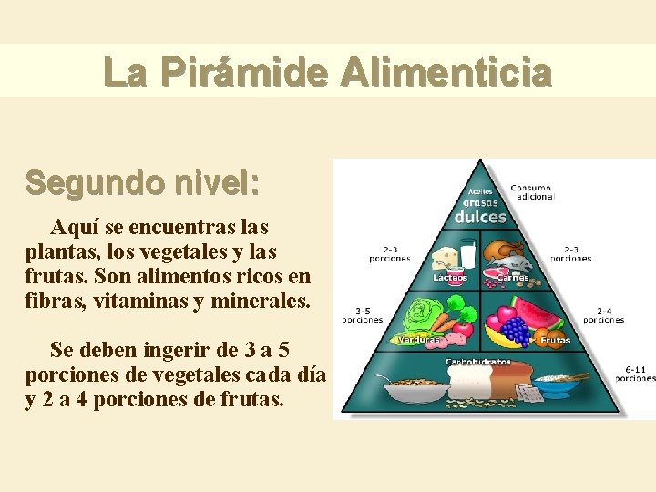 La Pirámide Alimenticia Segundo nivel: Aquí se encuentras las plantas, los vegetales y las La Pirámide Alimenticia Segundo nivel: Aquí se encuentras las plantas, los vegetales y las