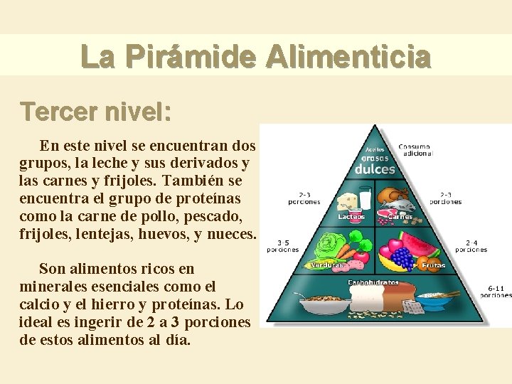 La Pirámide Alimenticia Tercer nivel: En este nivel se encuentran dos grupos, la leche La Pirámide Alimenticia Tercer nivel: En este nivel se encuentran dos grupos, la leche