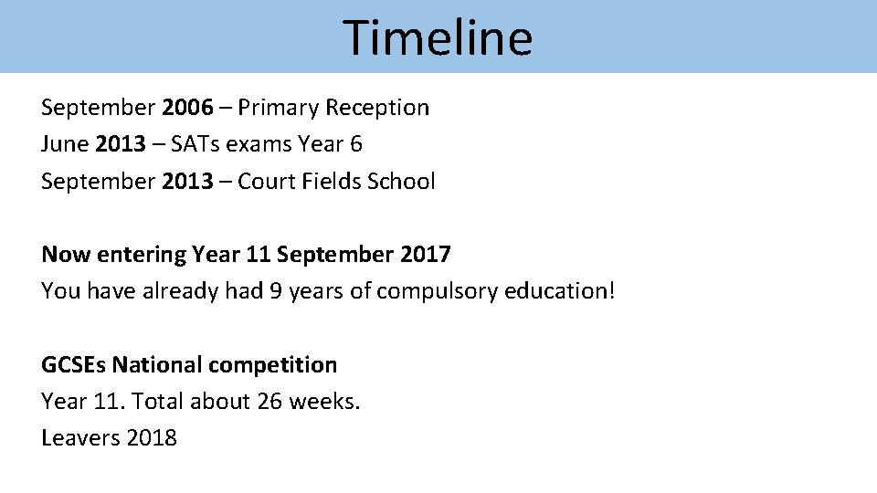 Timeline September 2006 – Primary Reception June 2013 – SATs exams Year 6 September