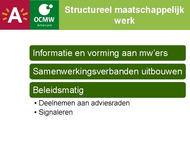 Structureel maatschappelijk werk Informatie en vorming aan mw’ers Samenwerkingsverbanden uitbouwen Beleidsmatig • Deelnemen aan