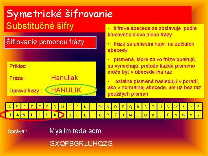 Symetrické šifrovanie Substitučné šifry • šifrová abeceda sa zostavuje podľa kľúčového slova alebo frázy