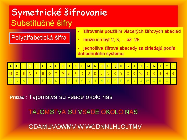 Symetrické šifrovanie Substitučné šifry • šifrovanie použitím viacerých šifrových abecied Polyalfabetická šifra • môže