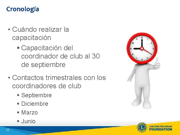 Cronología • Cuándo realizar la capacitación § Capacitación del coordinador de club al 30