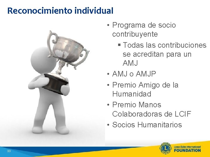 Reconocimiento individual • Programa de socio contribuyente § Todas las contribuciones se acreditan para