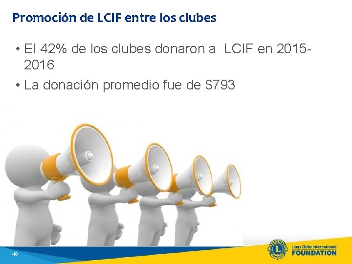 Promoción de LCIF entre los clubes • El 42% de los clubes donaron a