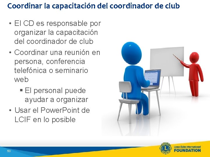 Coordinar la capacitación del coordinador de club • El CD es responsable por organizar