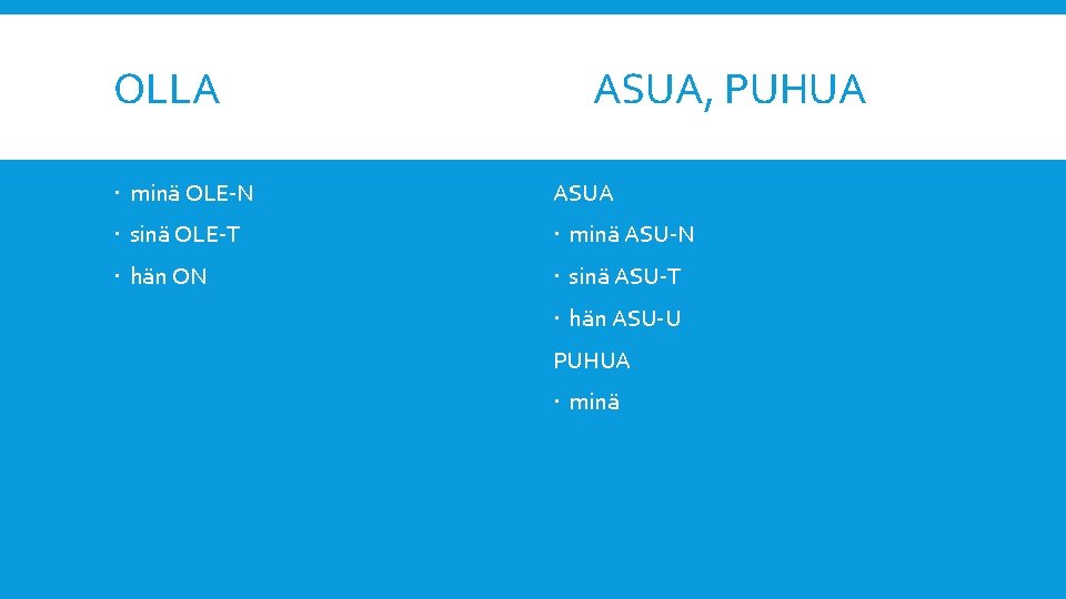 OLLA ASUA, PUHUA minä OLE-N ASUA sinä OLE-T minä ASU-N hän ON sinä ASU-T