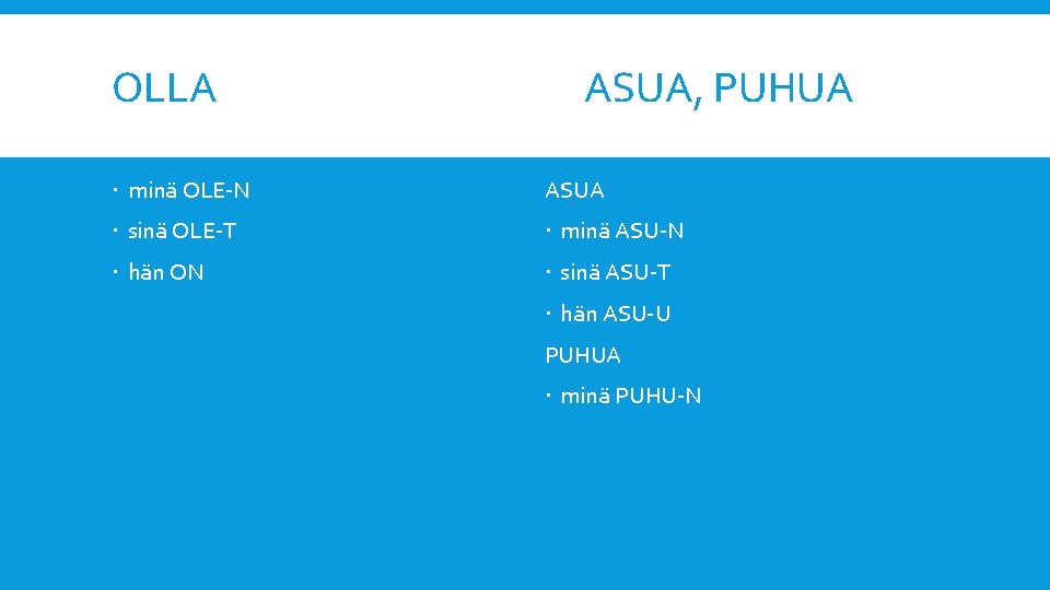 OLLA ASUA, PUHUA minä OLE-N ASUA sinä OLE-T minä ASU-N hän ON sinä ASU-T