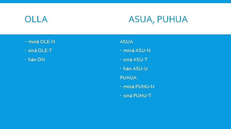 OLLA ASUA, PUHUA minä OLE-N ASUA sinä OLE-T minä ASU-N hän ON sinä ASU-T