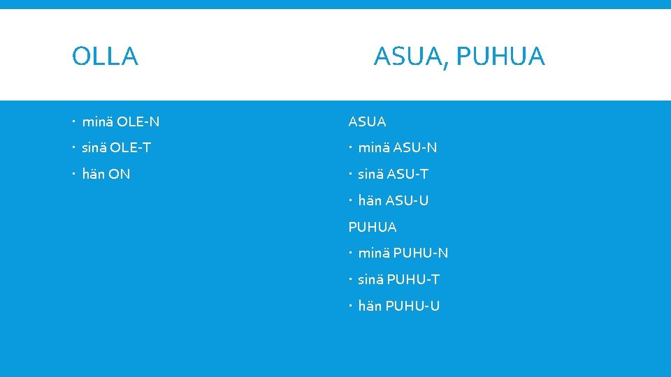 OLLA ASUA, PUHUA minä OLE-N ASUA sinä OLE-T minä ASU-N hän ON sinä ASU-T