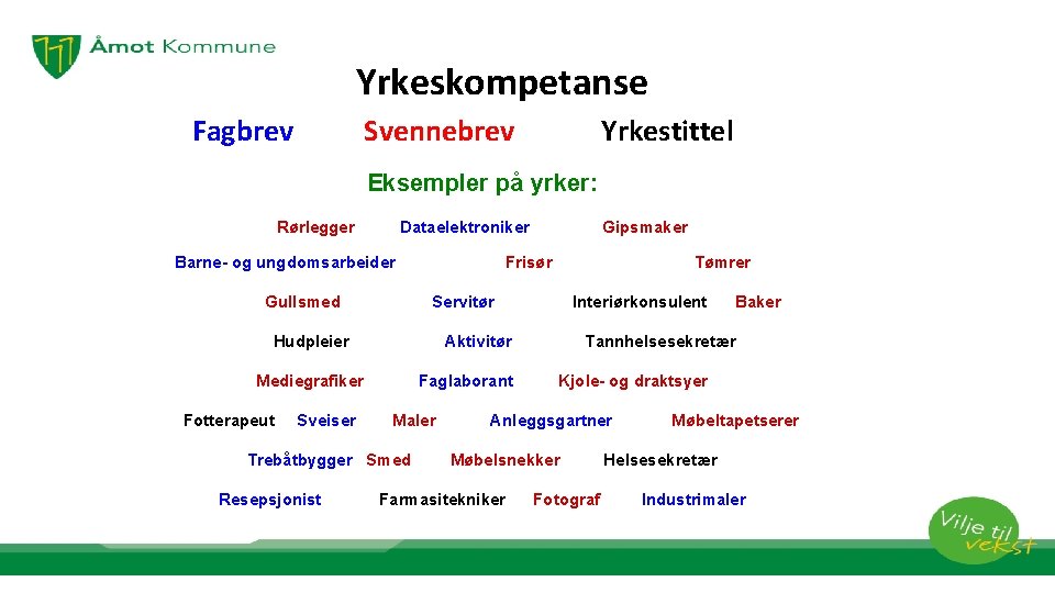 Yrkeskompetanse Fagbrev Svennebrev Yrkestittel Eksempler på yrker: Rørlegger Dataelektroniker Barne- og ungdomsarbeider Gullsmed Frisør