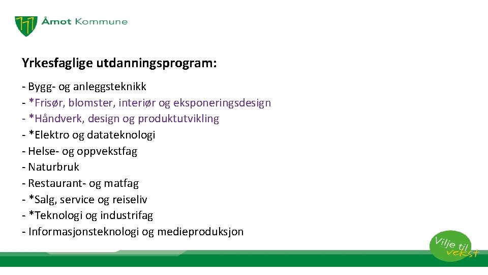 Yrkesfaglige utdanningsprogram: - Bygg- og anleggsteknikk - *Frisør, blomster, interiør og eksponeringsdesign - *Håndverk,