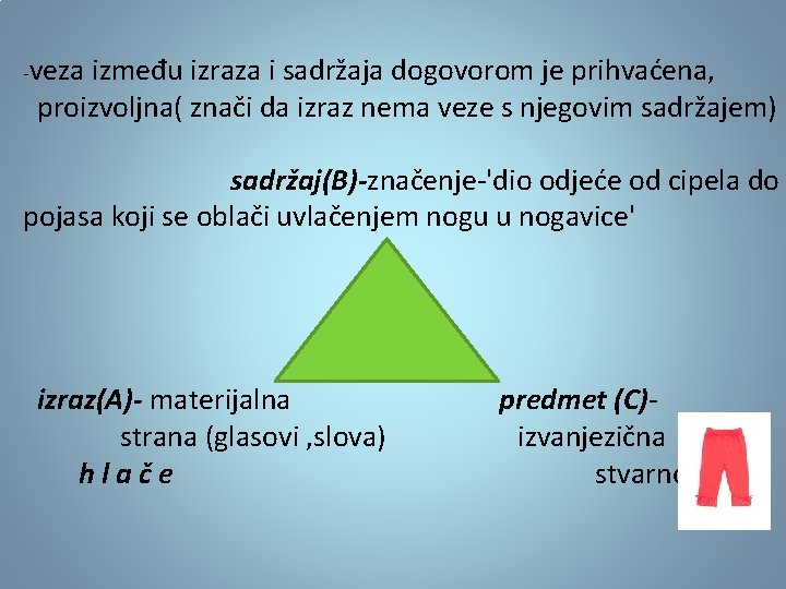 -veza između izraza i sadržaja dogovorom je prihvaćena, proizvoljna( znači da izraz nema veze