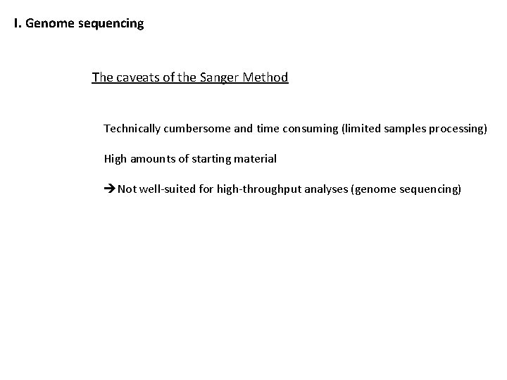 I. Genome sequencing The caveats of the Sanger Method Technically cumbersome and time consuming