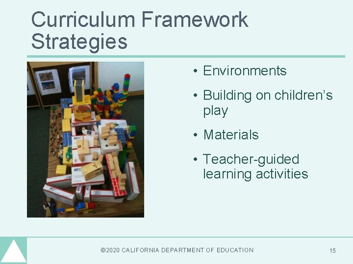 Curriculum Framework Strategies • Environments • Building on children’s play • Materials • Teacher-guided Curriculum Framework Strategies • Environments • Building on children’s play • Materials • Teacher-guided