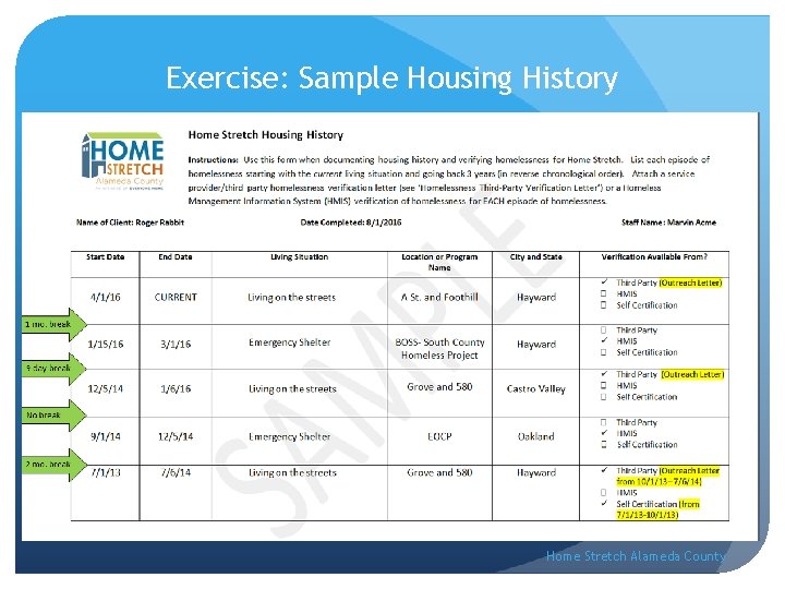 Exercise: Sample Housing History Home Stretch Alameda County 