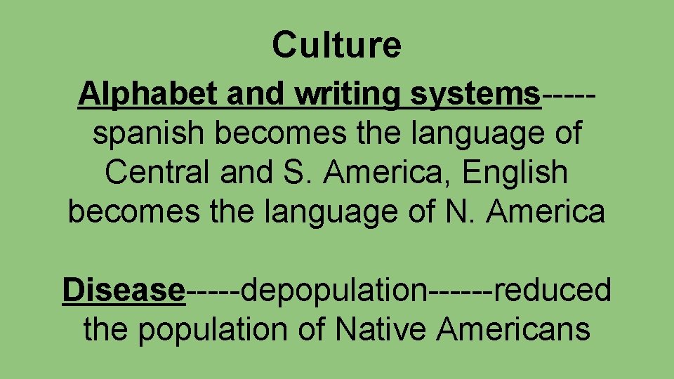Culture Alphabet and writing systems----spanish becomes the language of Central and S. America, English