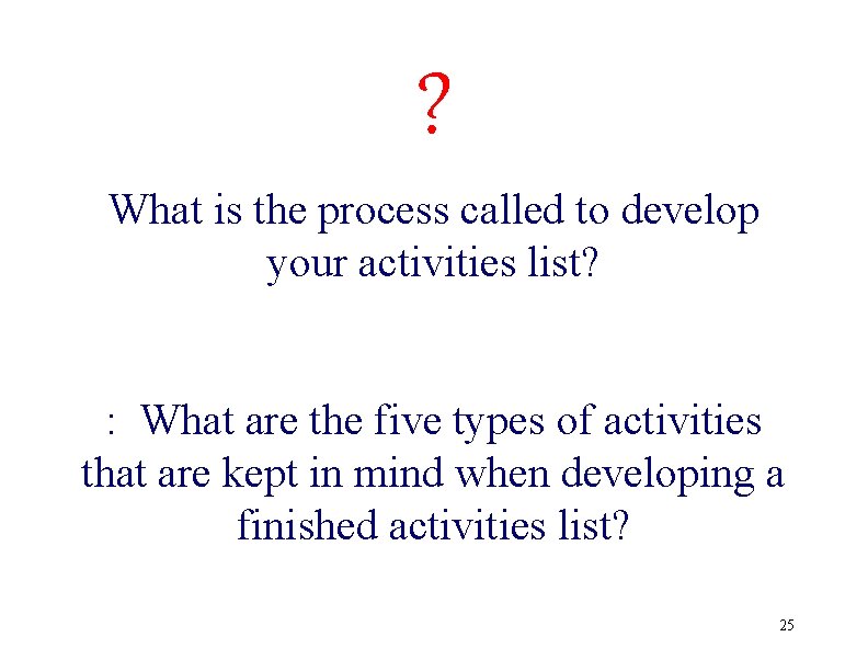 ? What is the process called to develop your activities list? : What are