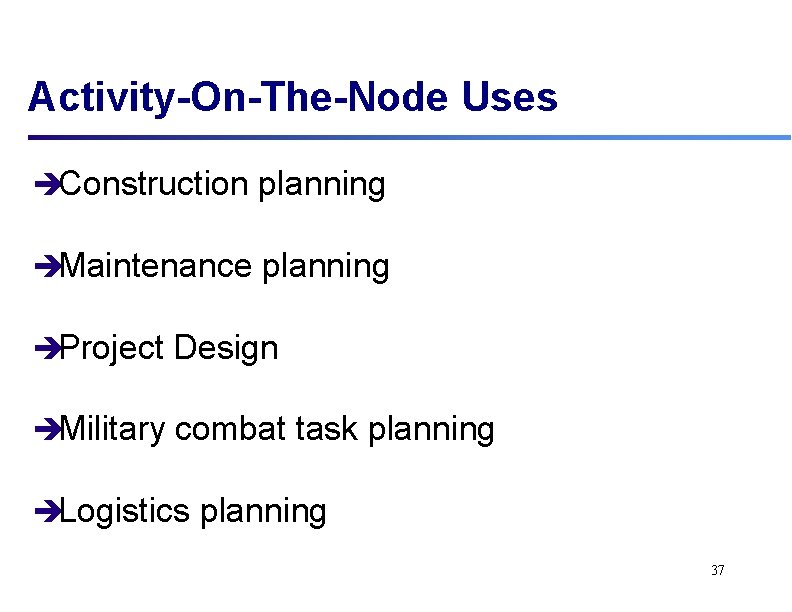Activity-On-The-Node Uses èConstruction planning èMaintenance planning èProject Design èMilitary combat task planning èLogistics planning