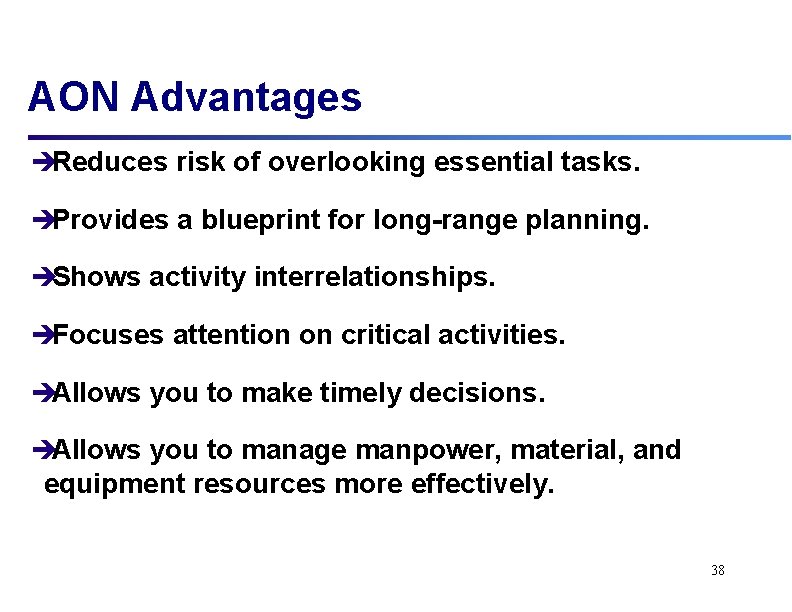 AON Advantages èReduces risk of overlooking essential tasks. èProvides a blueprint for long-range planning.