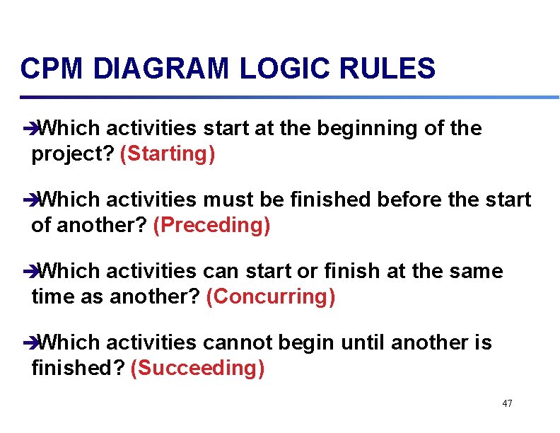 CPM DIAGRAM LOGIC RULES èWhich activities start at the beginning of the project? (Starting)