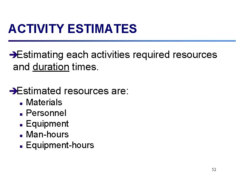 ACTIVITY ESTIMATES èEstimating each activities required resources and duration times. èEstimated resources are: n