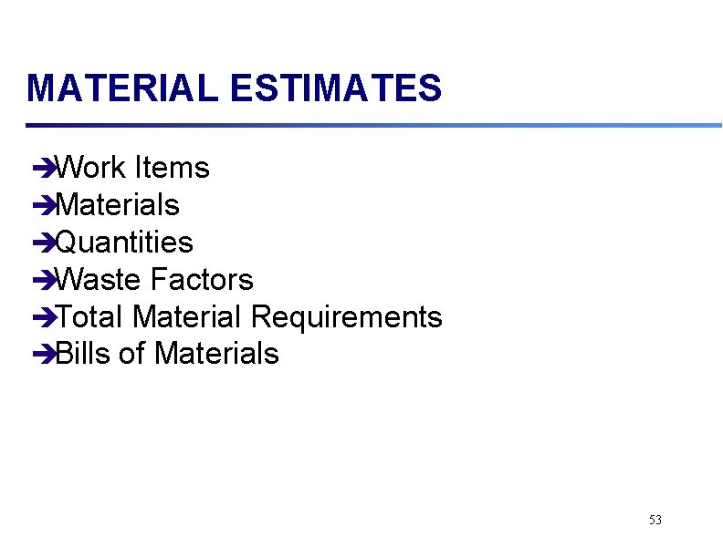 MATERIAL ESTIMATES èWork Items èMaterials èQuantities èWaste Factors èTotal Material Requirements èBills of Materials