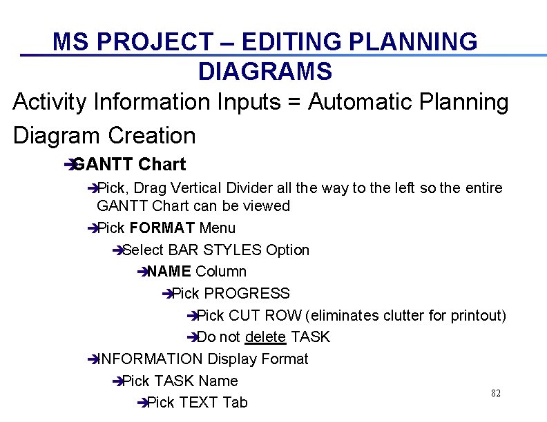 MS PROJECT – EDITING PLANNING DIAGRAMS Activity Information Inputs = Automatic Planning Diagram Creation