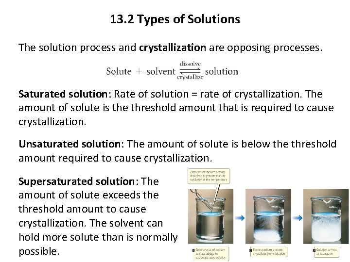 13. 2 Types of Solutions The solution process and crystallization are opposing processes. Saturated