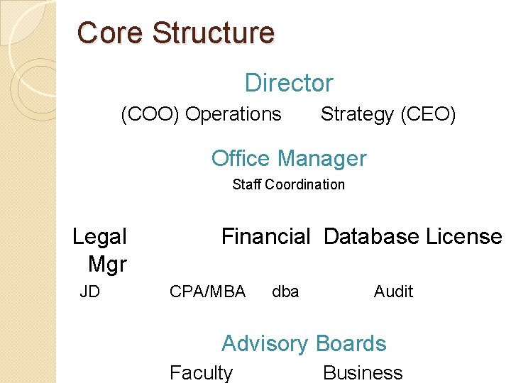 Core Structure Director (COO) Operations Strategy (CEO) Office Manager Staff Coordination Legal Mgr JD