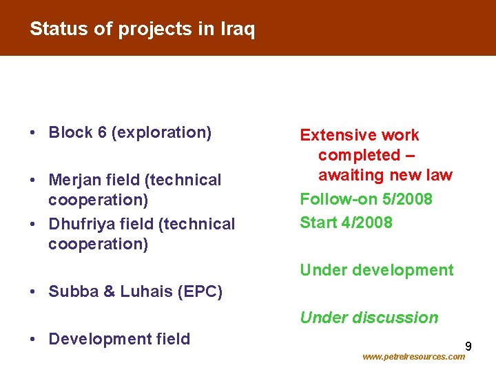 Status of projects in Iraq • Block 6 (exploration) • Merjan field (technical cooperation)