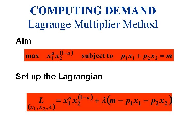 COMPUTING DEMAND Lagrange Multiplier Method Aim Set up the Lagrangian 