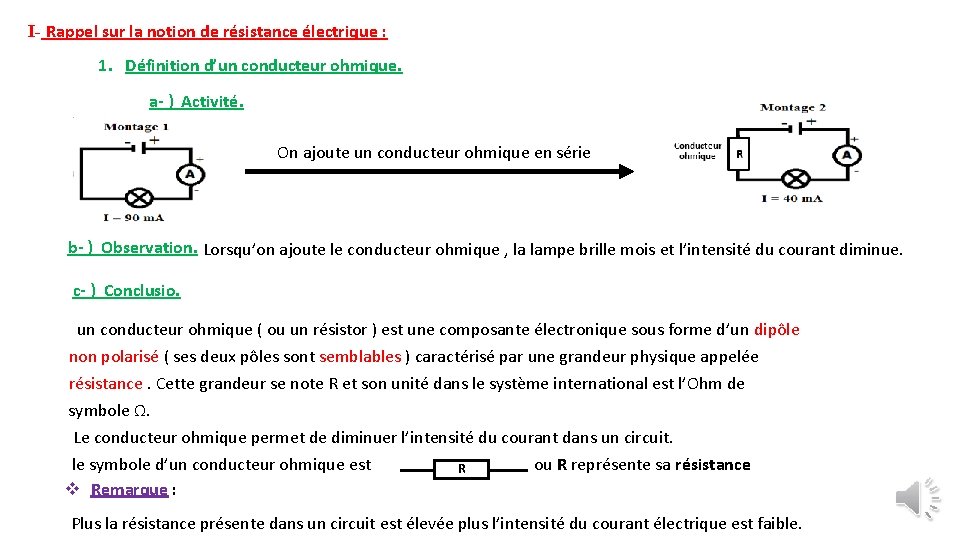 I- Rappel sur la notion de résistance électrique : 1. Définition d’un conducteur ohmique.