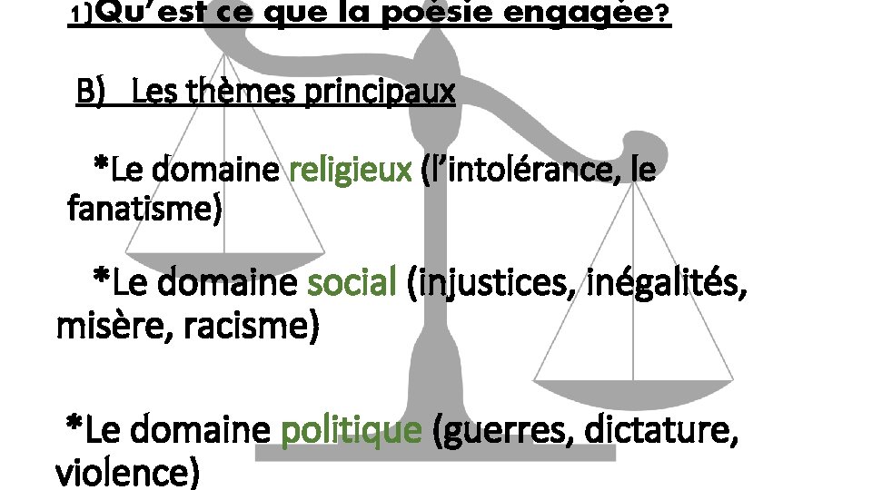 1)Qu’est ce que la poésie engagée? B) Les thèmes principaux *Le domaine religieux (l’intolérance,