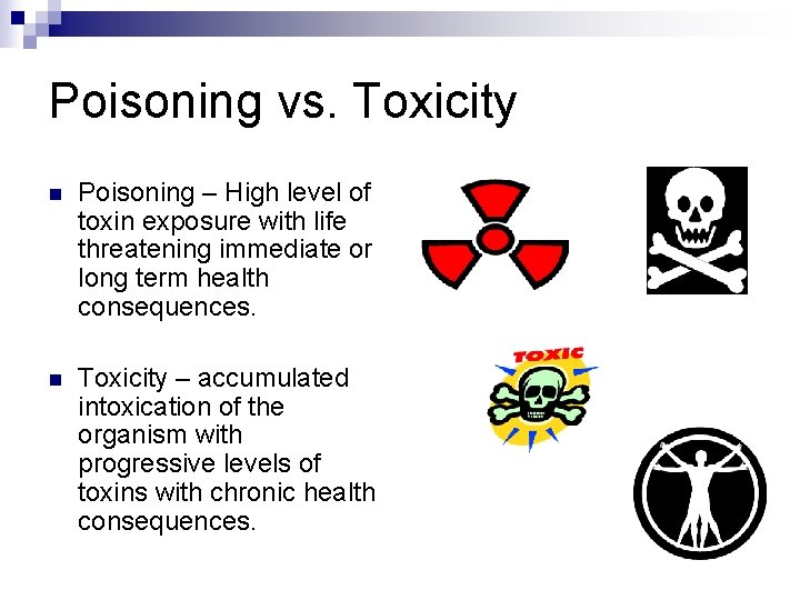 Poisoning vs. Toxicity n Poisoning – High level of toxin exposure with life threatening