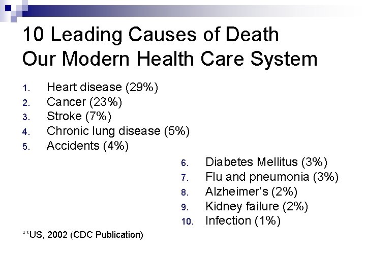 10 Leading Causes of Death Our Modern Health Care System 1. 2. 3. 4.