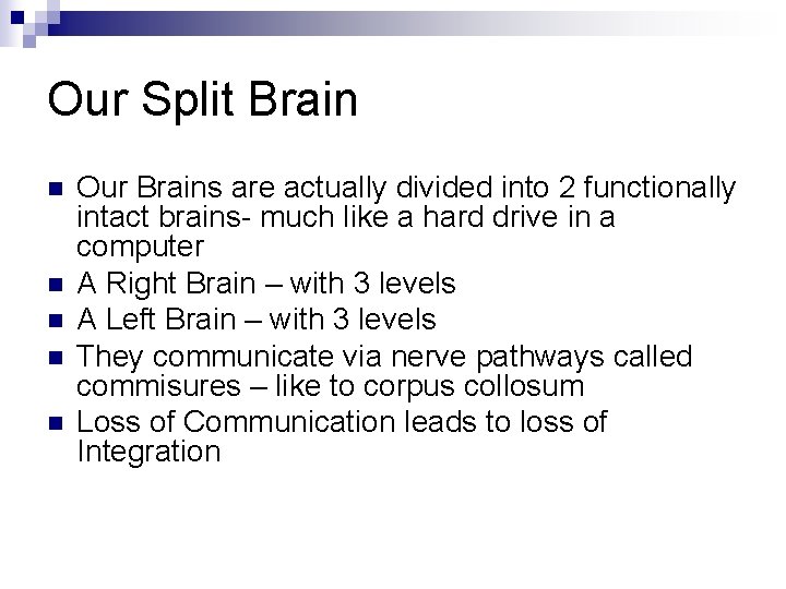 Our Split Brain n n Our Brains are actually divided into 2 functionally intact