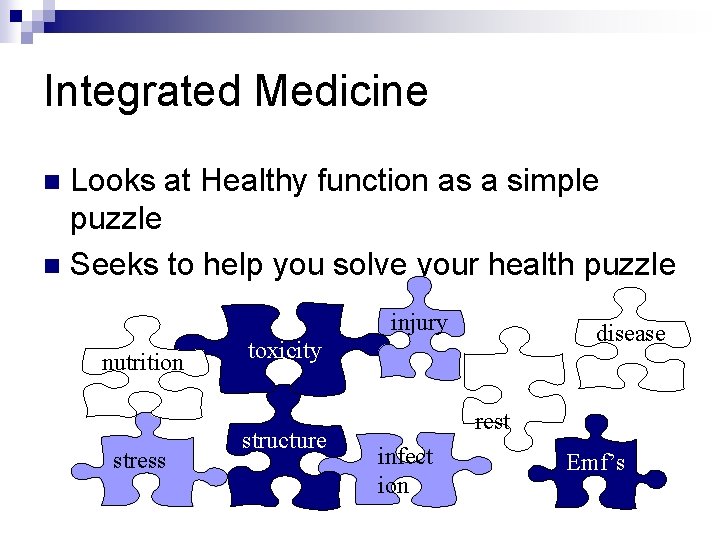 Integrated Medicine Looks at Healthy function as a simple puzzle n Seeks to help