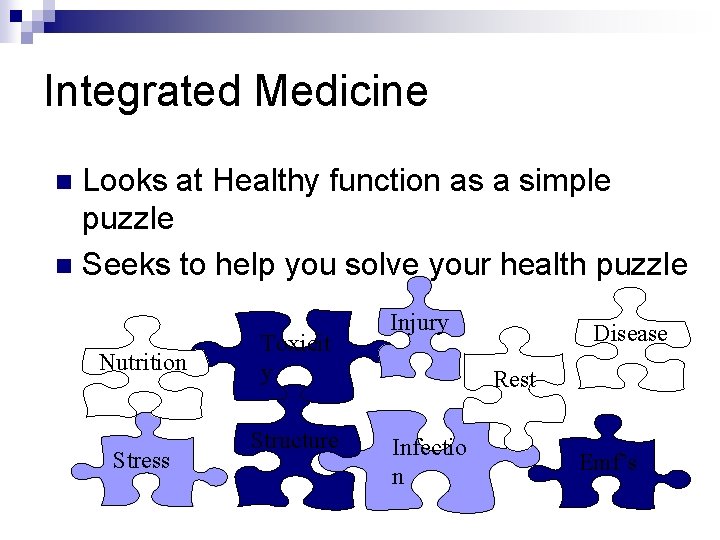 Integrated Medicine Looks at Healthy function as a simple puzzle n Seeks to help