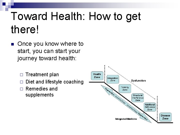 Toward Health: How to get there! n Once you know where to start, you