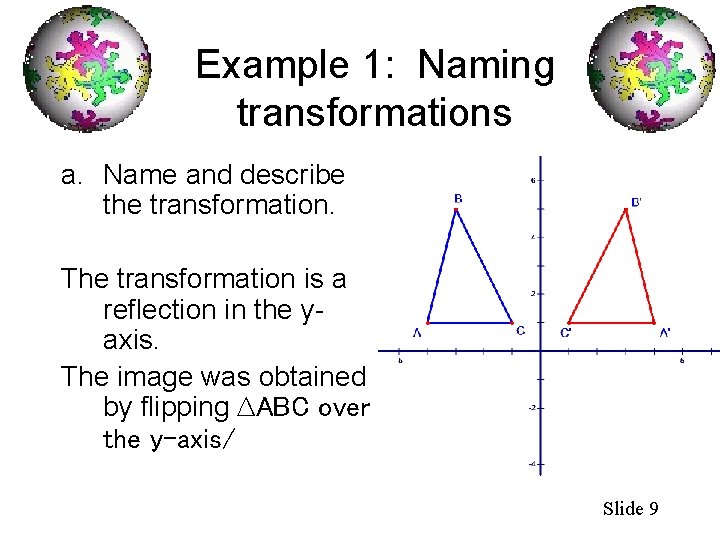 Example 1: Naming transformations a. Name and describe the transformation. The transformation is a