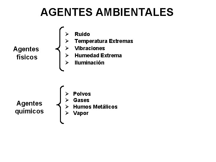 AGENTES AMBIENTALES Agentes físicos Agentes químicos Ø Ø Ø Ruido Temperatura Extremas Vibraciones Humedad