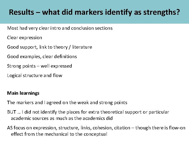 Academic Skills Results – what did markers identify as strengths? Most had very clear