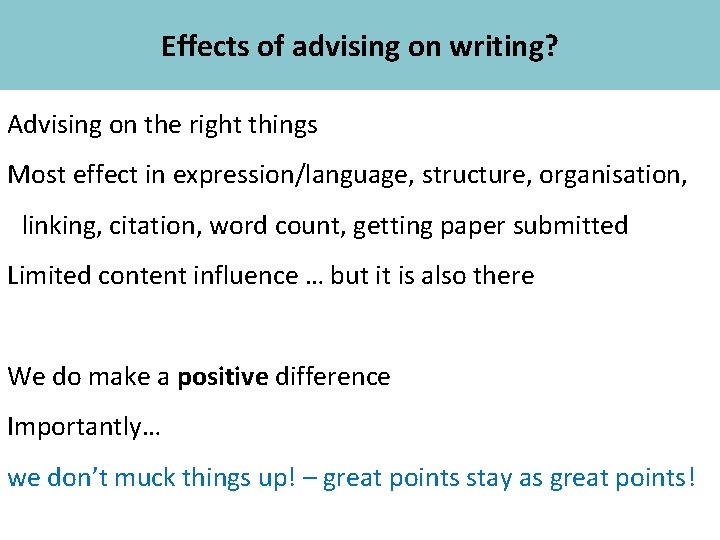 Effects of advising on writing? Academic Skills Advising on the right things Most effect